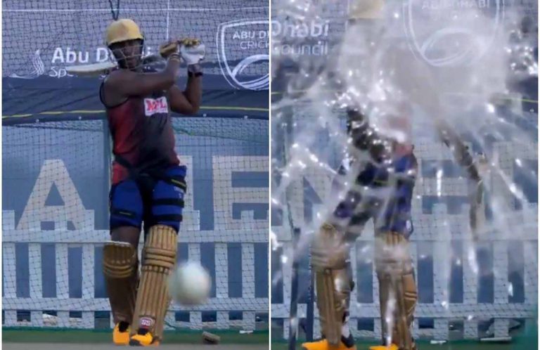 Andre Russell shatters the camera glass with his brilliant stroke during nets