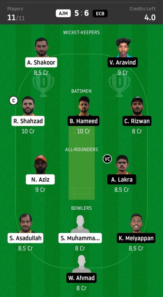 AJM vs ECB Dream11 Team Prediction | Match 8 | Dream11 Emirates D20 League | 11th Dec 2020