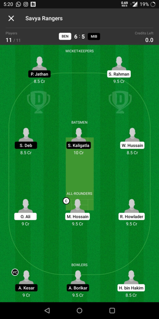 Head To Head Dream11 Team Prediction For  BEN vs MIB 