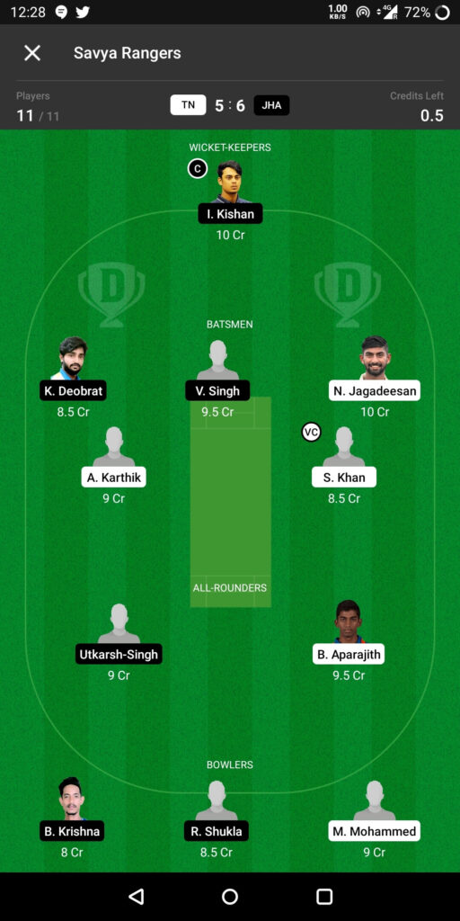 Grand League Team For Tamil Nadu vs Jharkhand