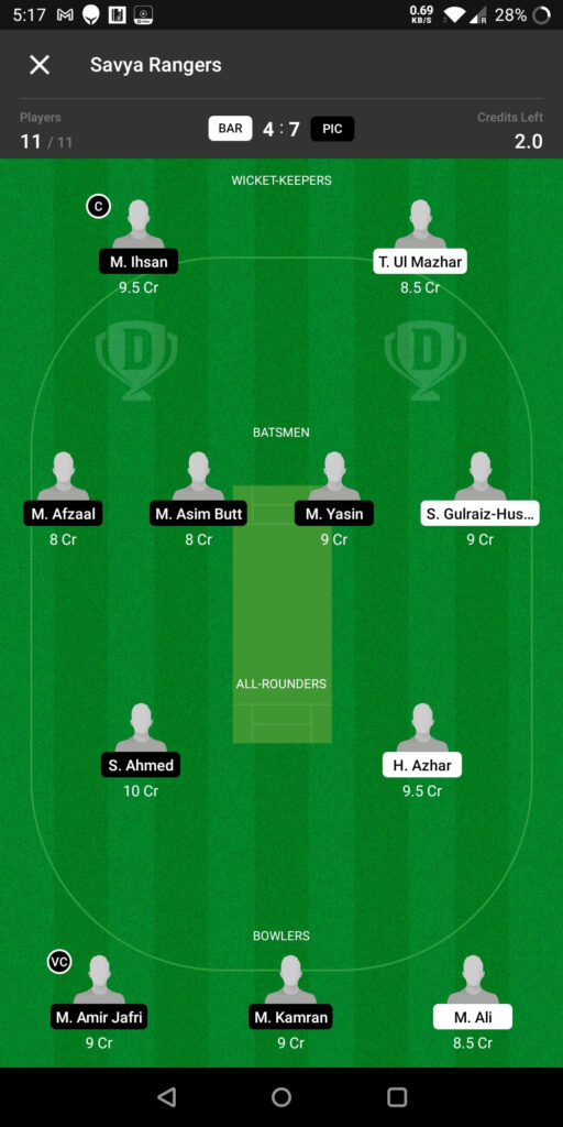 Grand League Team For Prediction BAR vs PIC