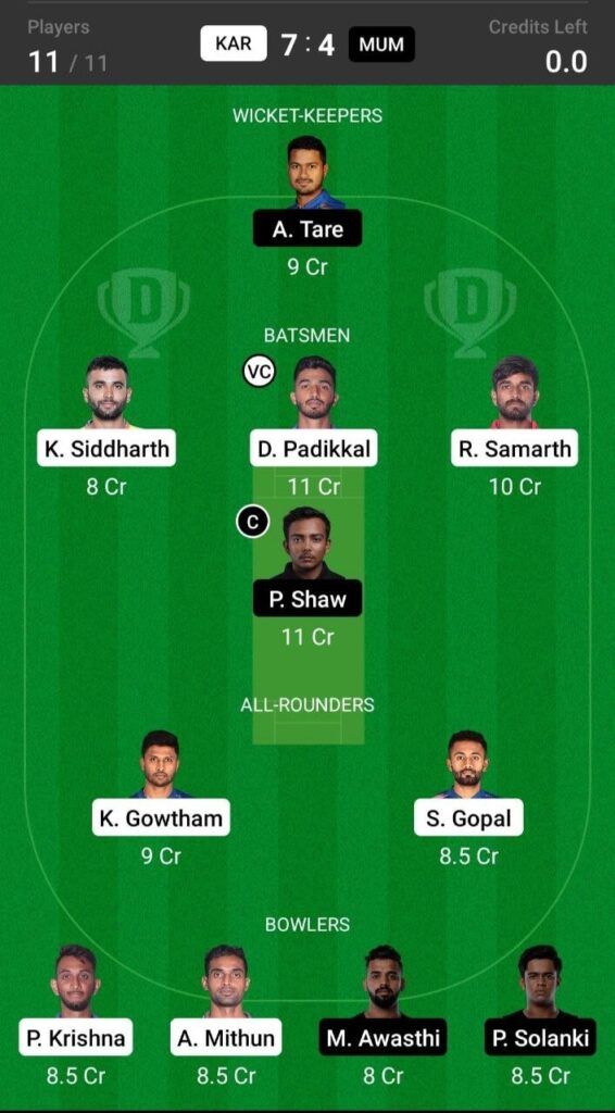 Grand League Team For Karnataka vs Mumbai