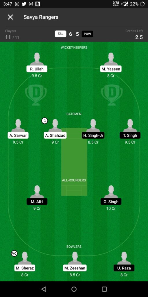 Head To Head Team For Falco vs Punjab Warriors