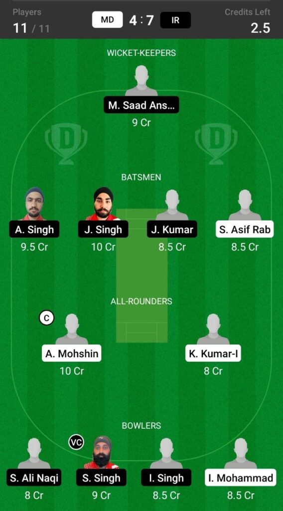 Grand League Dream11 Team Prediction MD vs IR