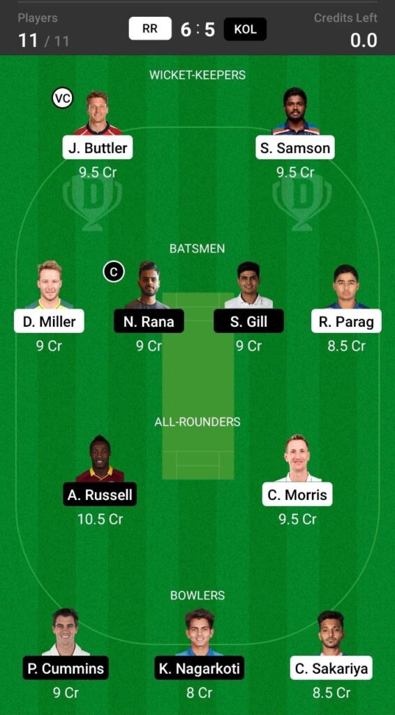 Grand League Team For Rajasthan Royals vs Kolkata Knight Riders