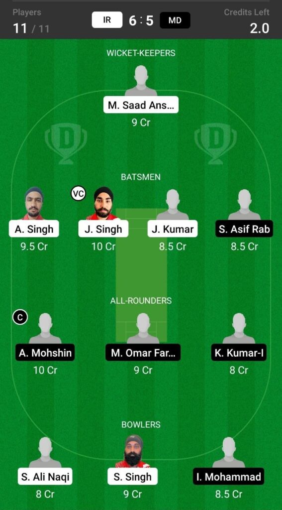 Grand League Dream11 Team Prediction IR vs MD