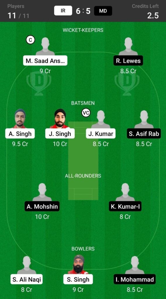 Head to Head Dream11 Team Prediction IR vs MD