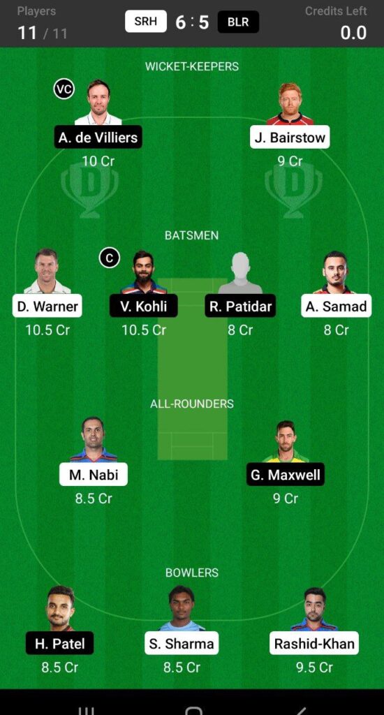 Grand League Team For SRH vs RCB