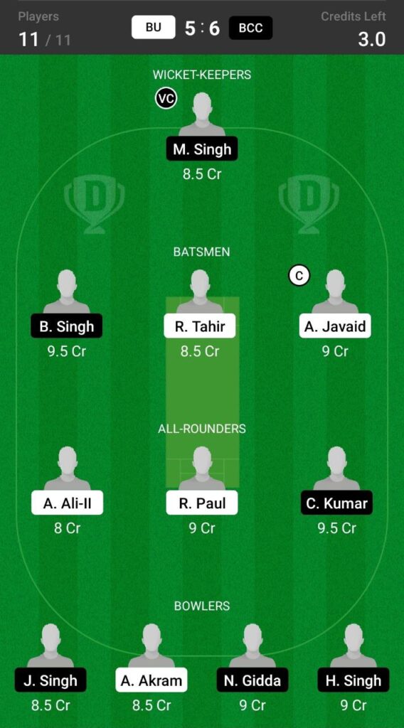 Head to Head Dream11 Team Prediction BU vs BCC