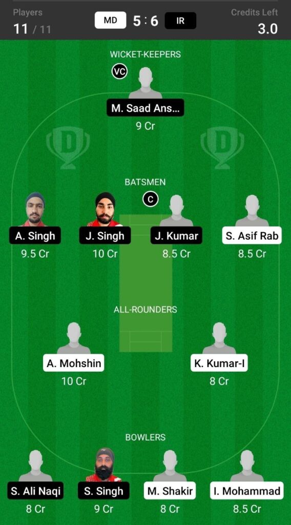 Head to Head Dream11 Team Prediction MD vs IR