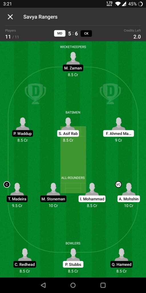 Head to Head Dream11 Team Prediction MD vs CK