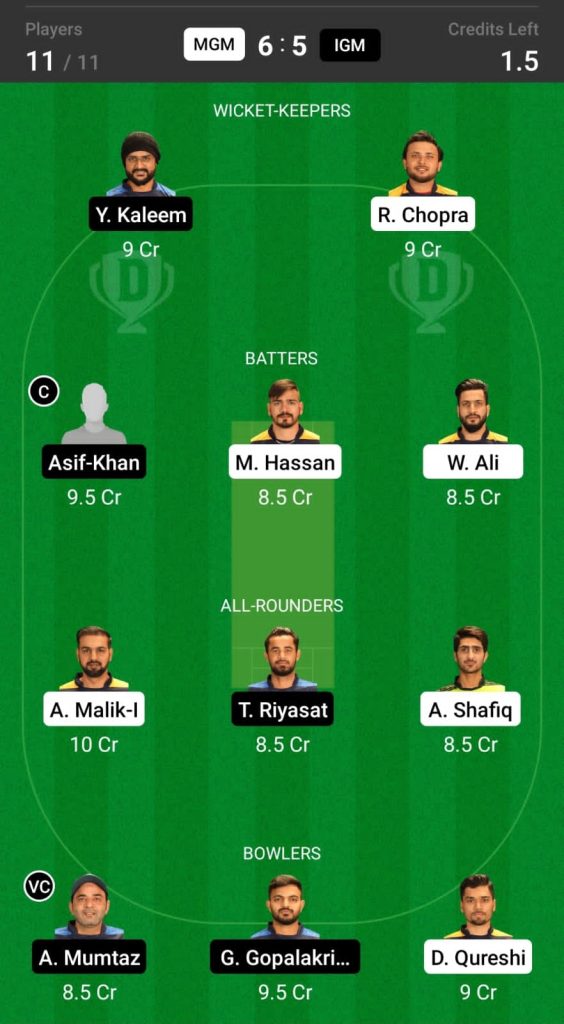 Grand League Dream11 Team Prediction MGM vs IGM