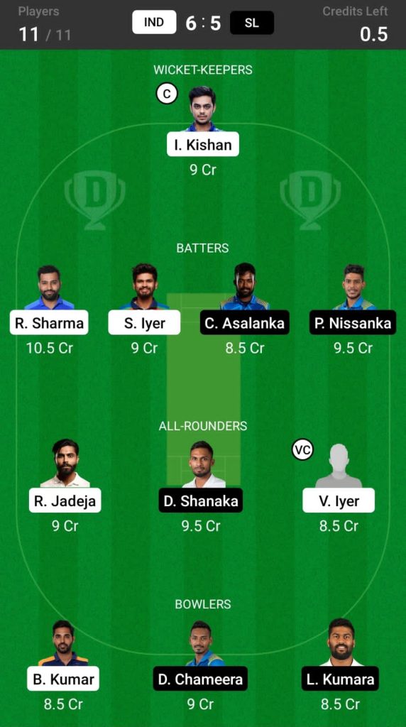 Head to Head Dream11 Team Prediction IND vs SL