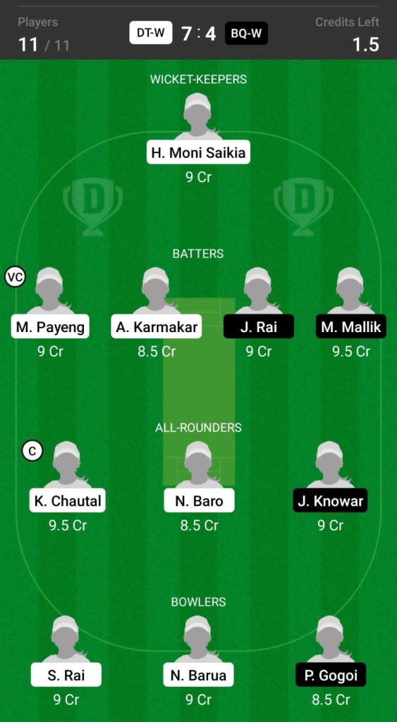 Head to Head Dream11 Team Prediction DT-W vs BQ-W