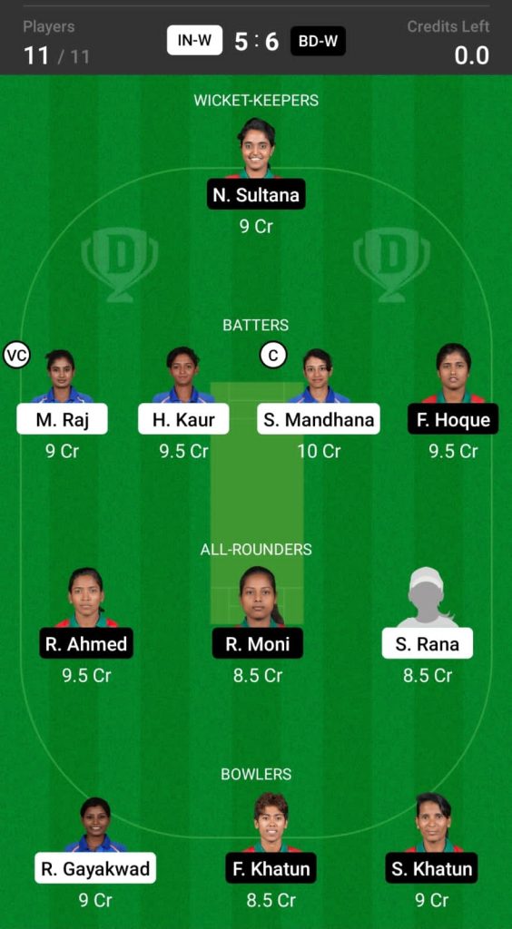 Head to Head Dream11 Team Prediction IN-W vs BD-W