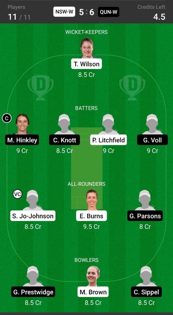 Head to Head Dream11 Team Prediction NSW-W vs QUN-W