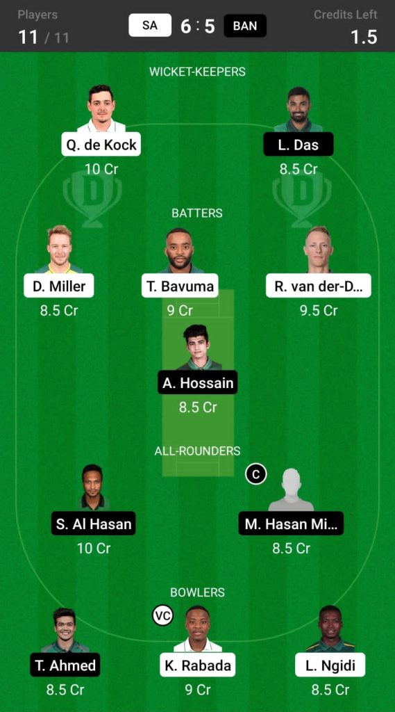 Grand League Dream11 Team Prediction SA vs BAN