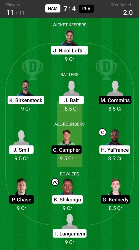 Head to Head Dream11 Team Prediction NAM vs IR-A