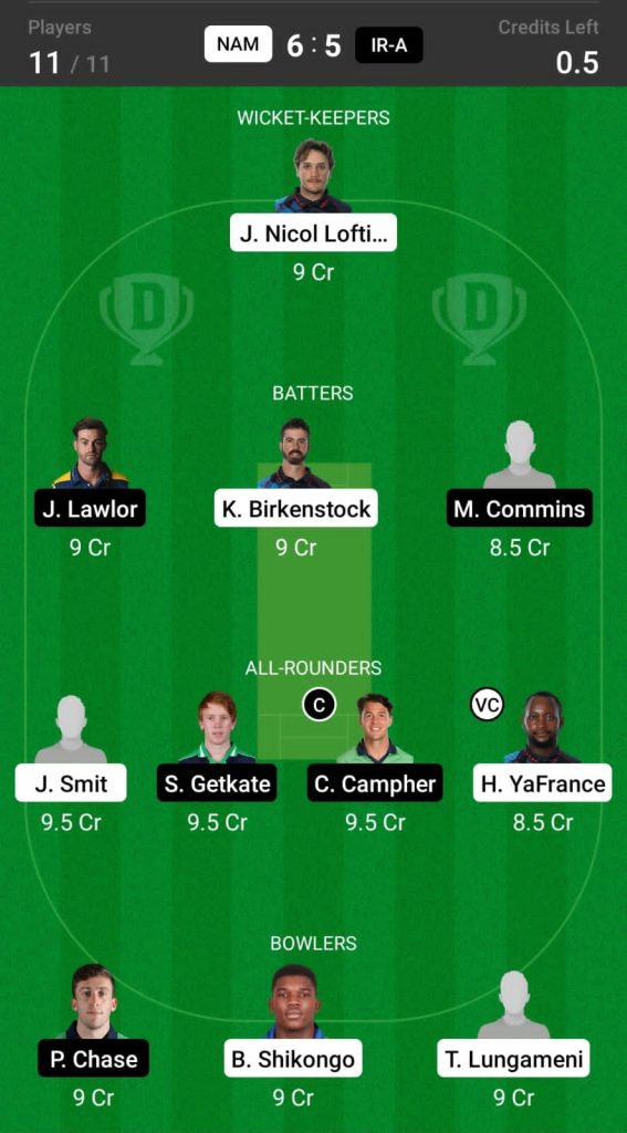 Grand League Dream11 Team Prediction NAM vs IR-A