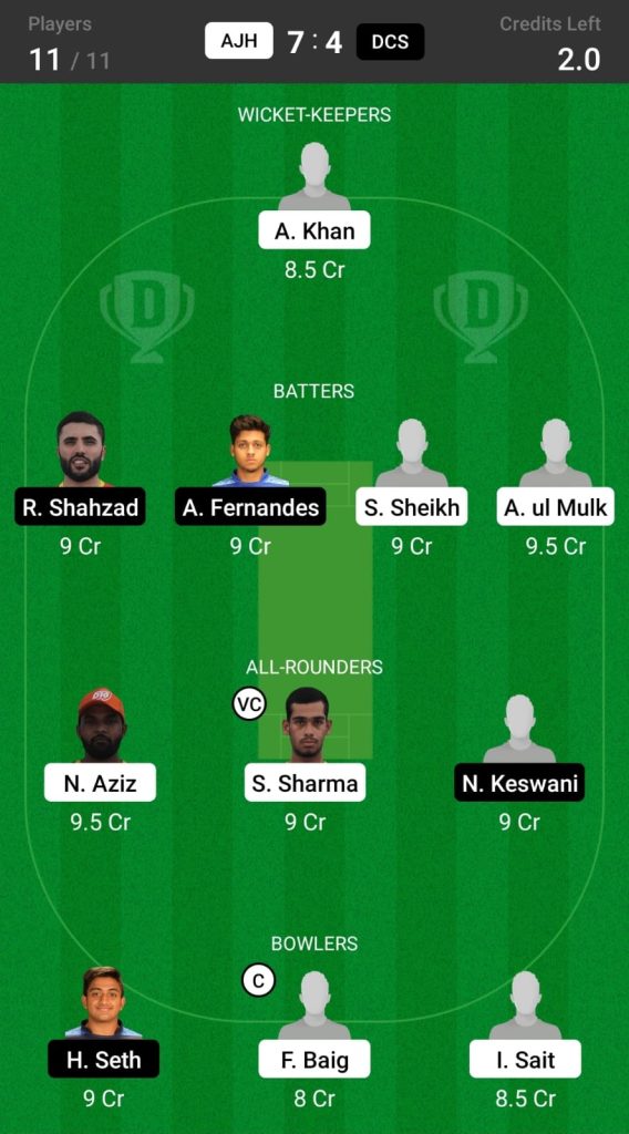 Head to Head Dream11 Team Prediction AJH vs DCS