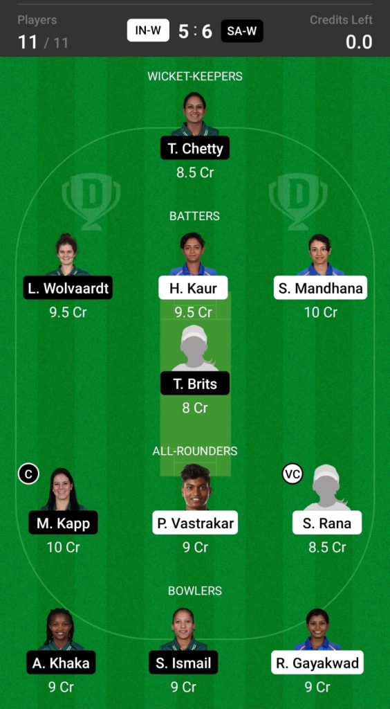 Grand League Dream11 Team Prediction IN-W vs SA-W