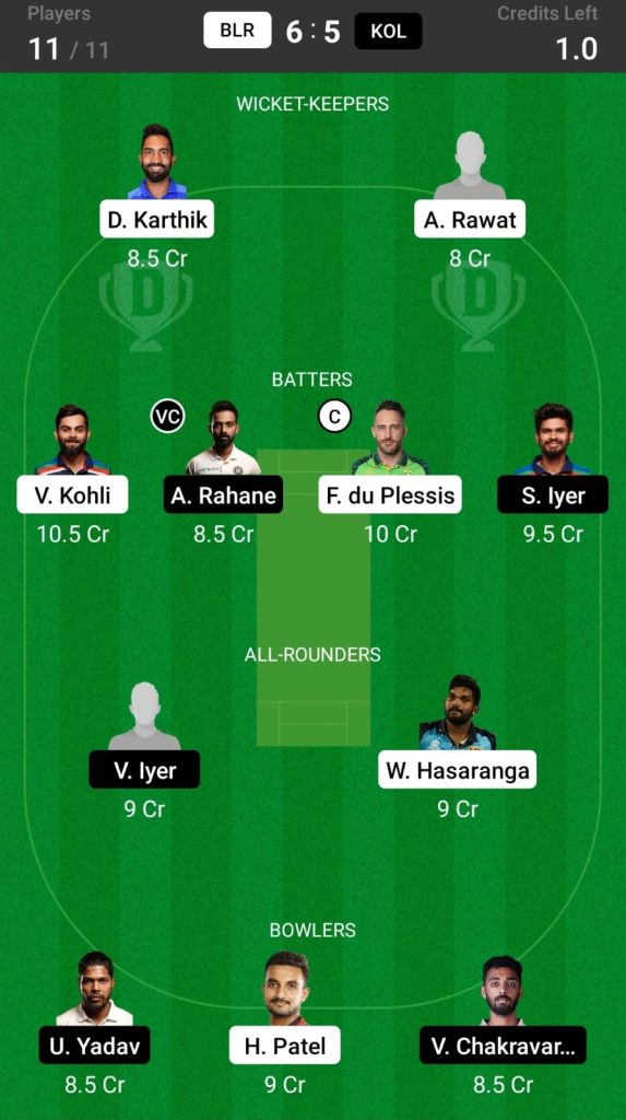 Head To Head Team For RCB vs KKR