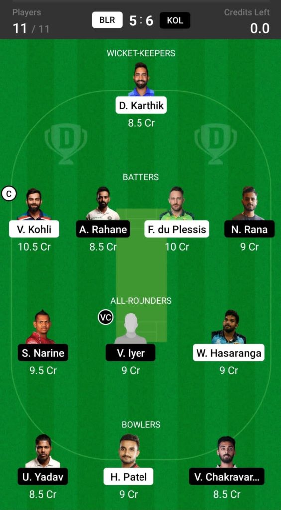 Grand League Team For RCB vs KKR