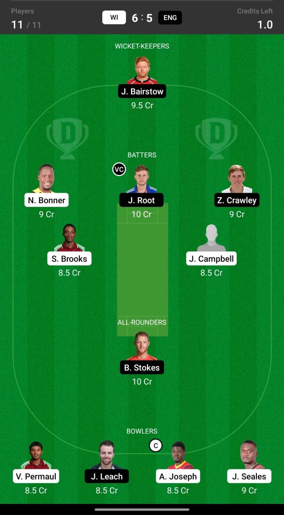 Head to Head Dream11 Team Prediction WI vs ENG