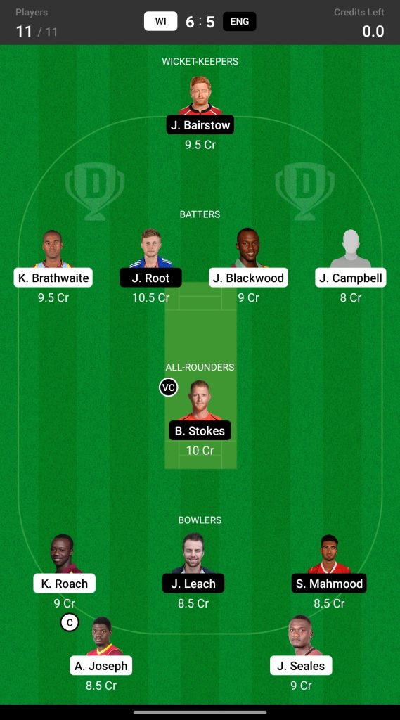 Head to Head Dream11 Team Prediction WI vs ENG