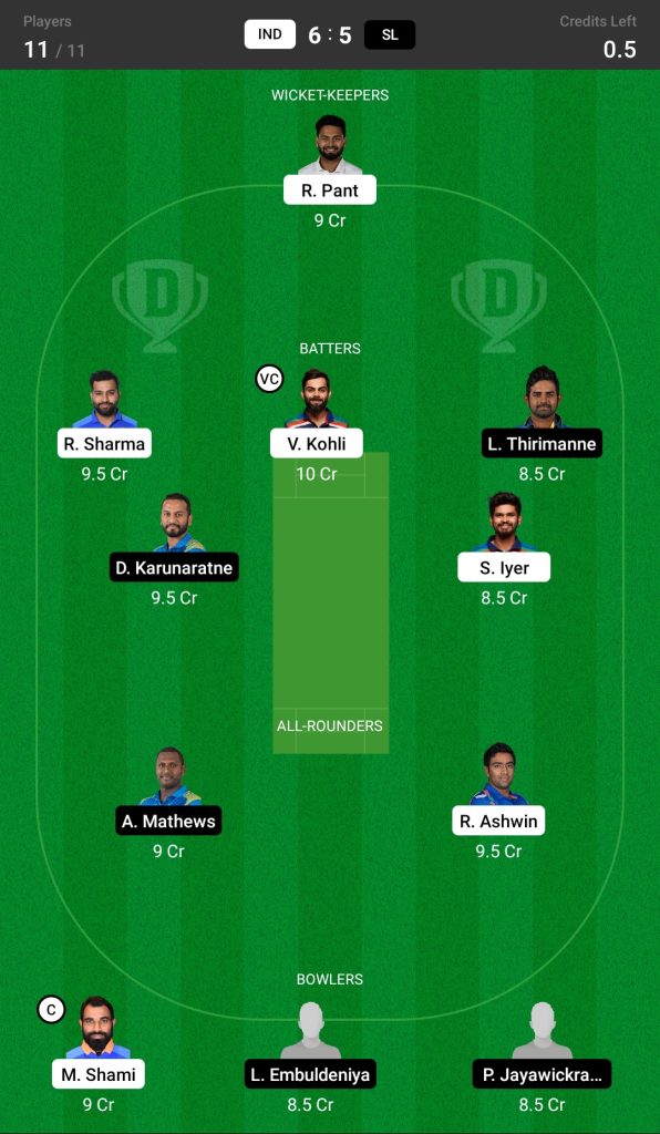 Head to Head Dream11 Team Prediction IND vs SL