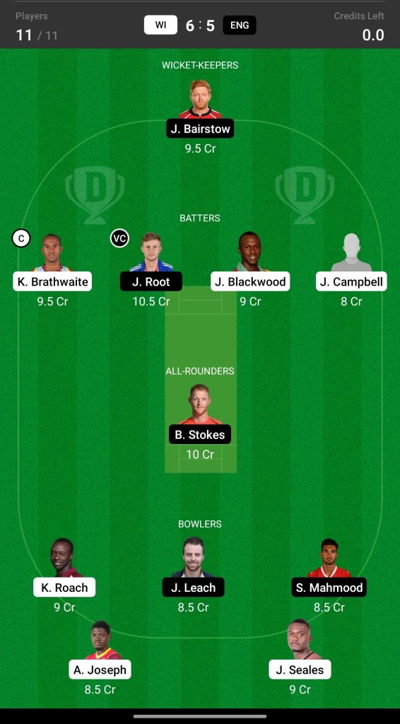 Grand League Dream11 Team Prediction WI vs ENG