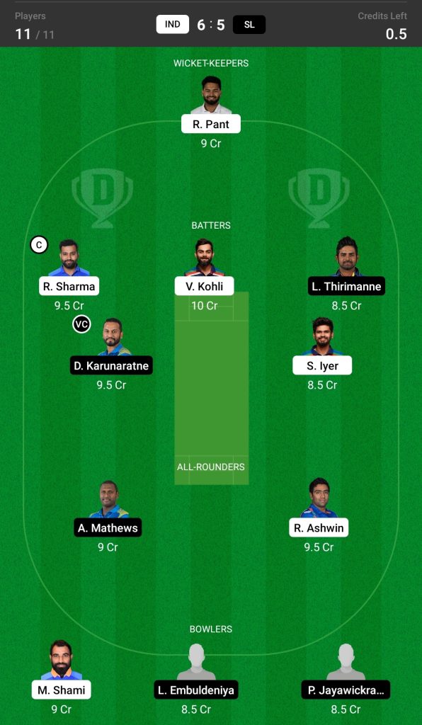 Grand League Dream11 Team Prediction IND vs SL