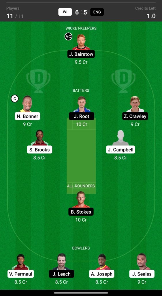 Grand League Dream11 Team Prediction WI vs ENG