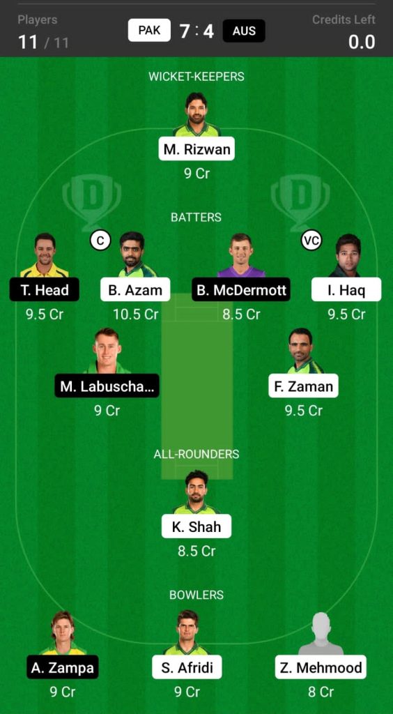 PAK vs AUS Grand League Dream11 Team Prediction 