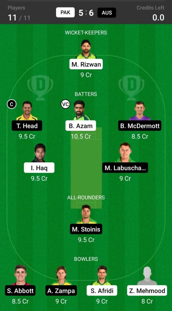 PAK vs AUS Head to Head Dream11 Team Prediction