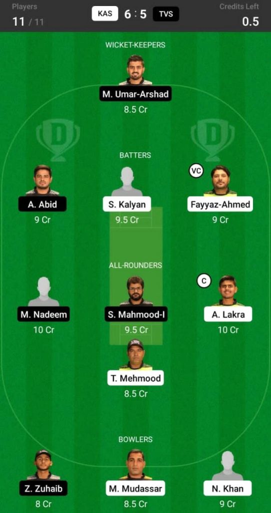 Grand League Dream11 Team Prediction KAS vs TVS