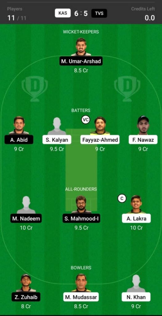 Head to Head Dream11 Team Prediction KAS vs TVS