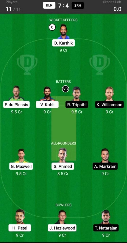 RCB vs SRH Head To Head Team