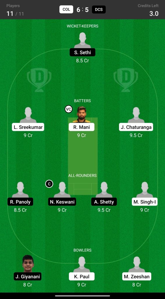 Head to Head Dream11 Team Prediction COL vs DCS