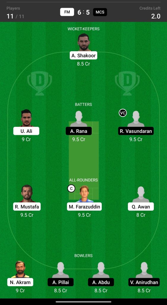 Grand League Dream11 Team Prediction FM vs MCS