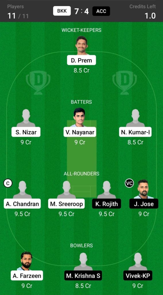 Grand League Dream11 Team Prediction BKK vs ACC