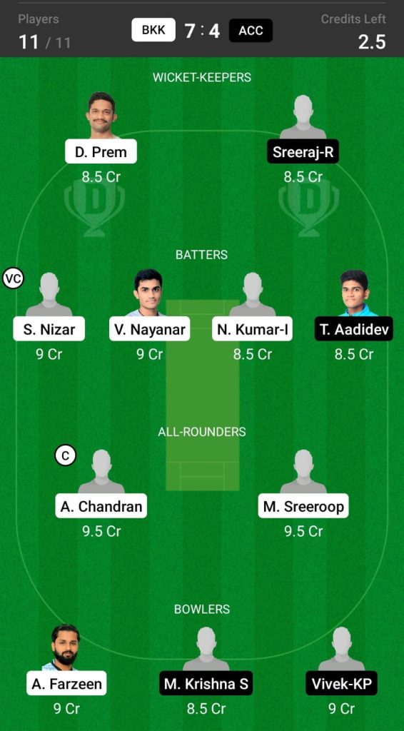 Head to Head Dream11 Team Prediction BKK vs ACC