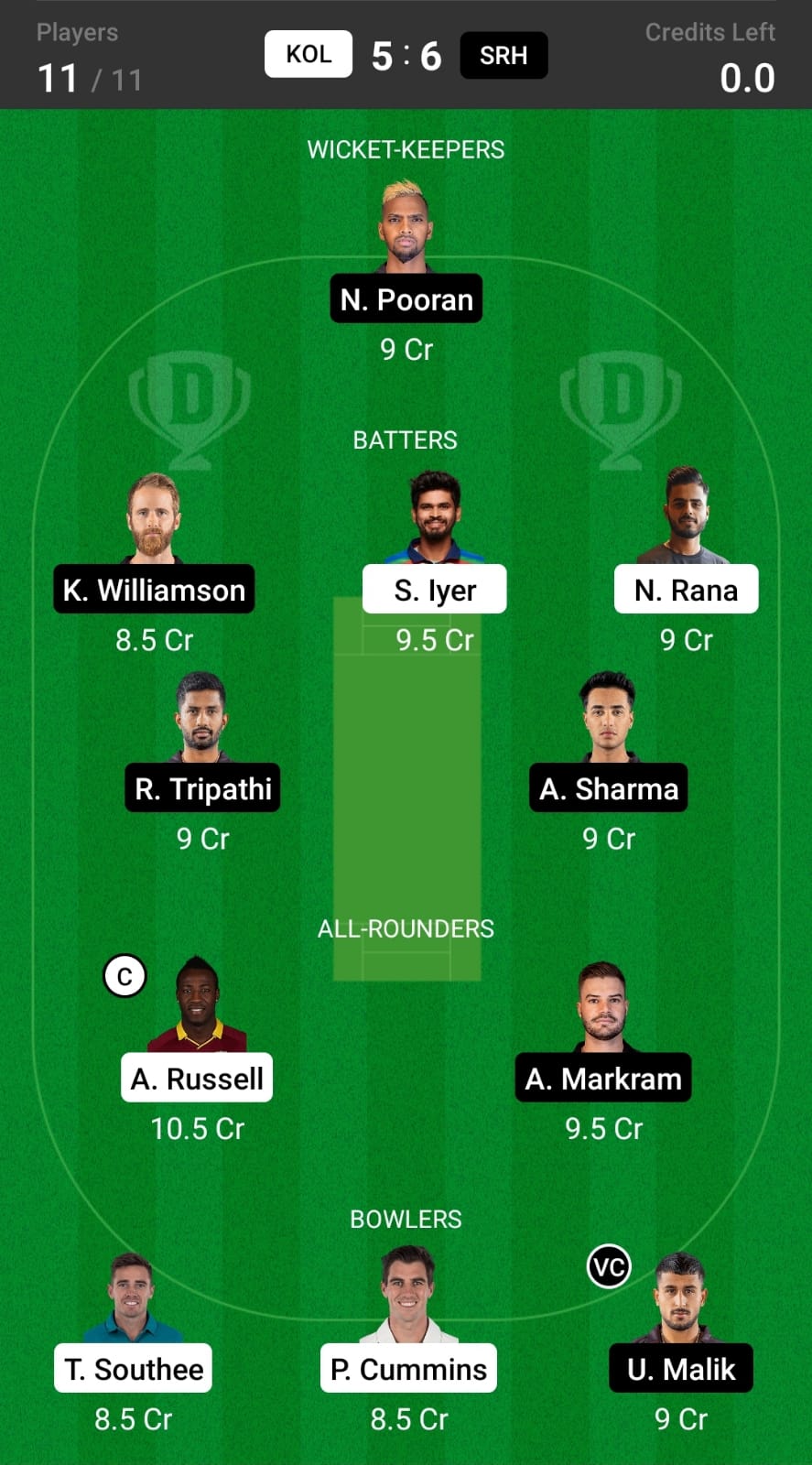 KKR vs SRH Grand League Team