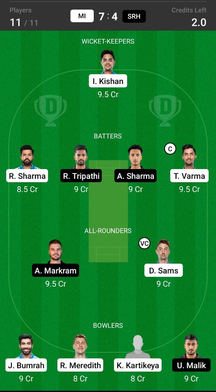 MI vs SRH Grand league team