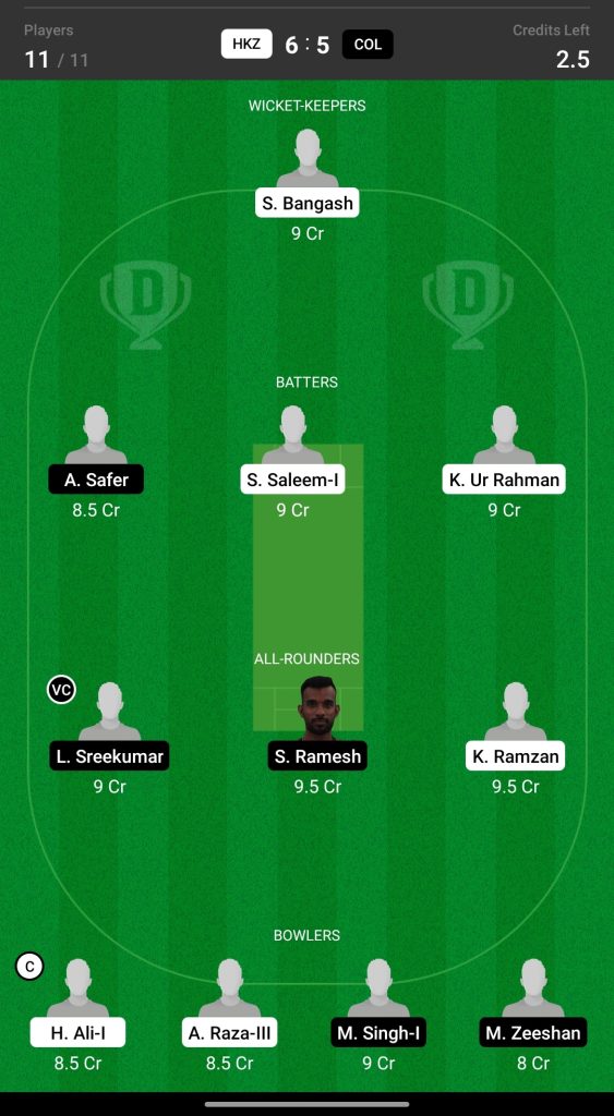 Head to Head Dream11 Team Prediction HKZ vs COL