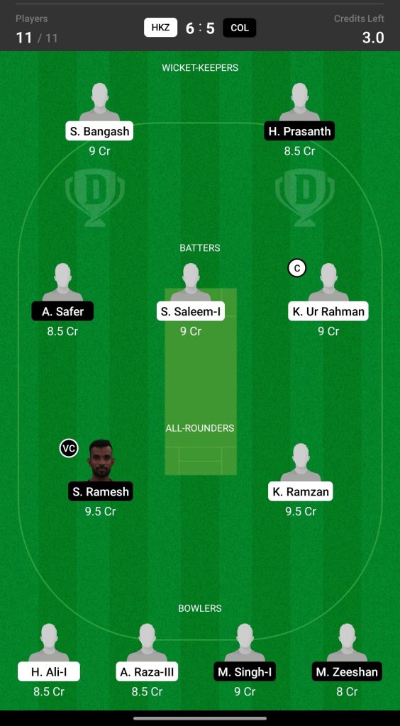 Grand League Dream11 Team Prediction HKZ vs COL