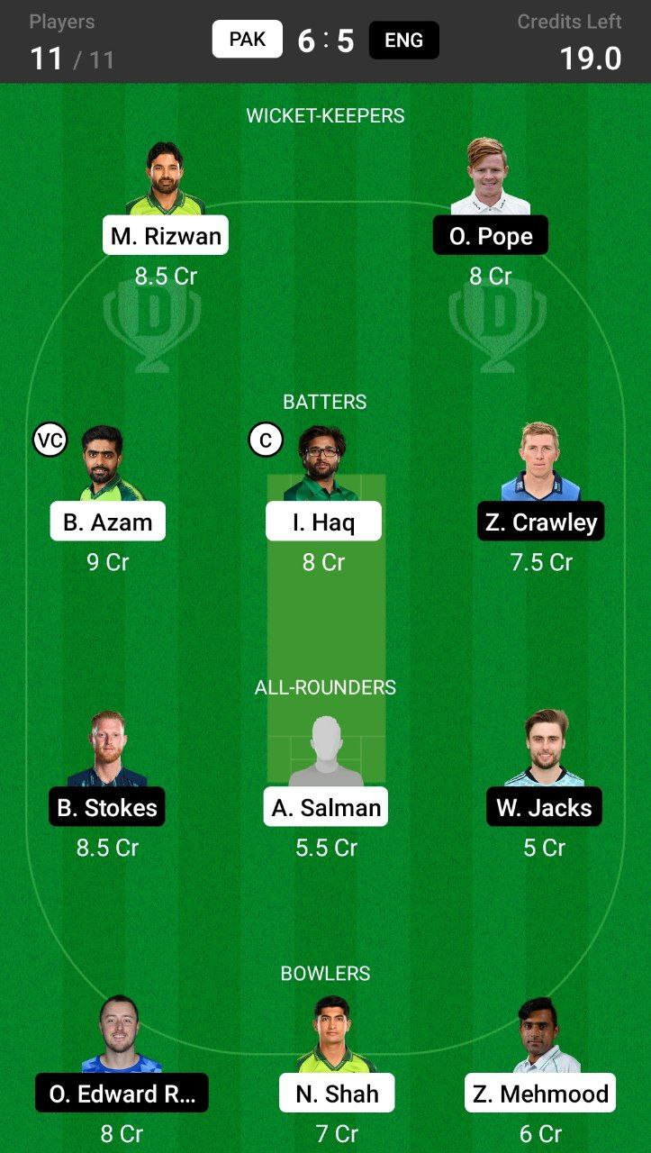 Head-to-Head Dream11 Team Prediction PAK vs ENG