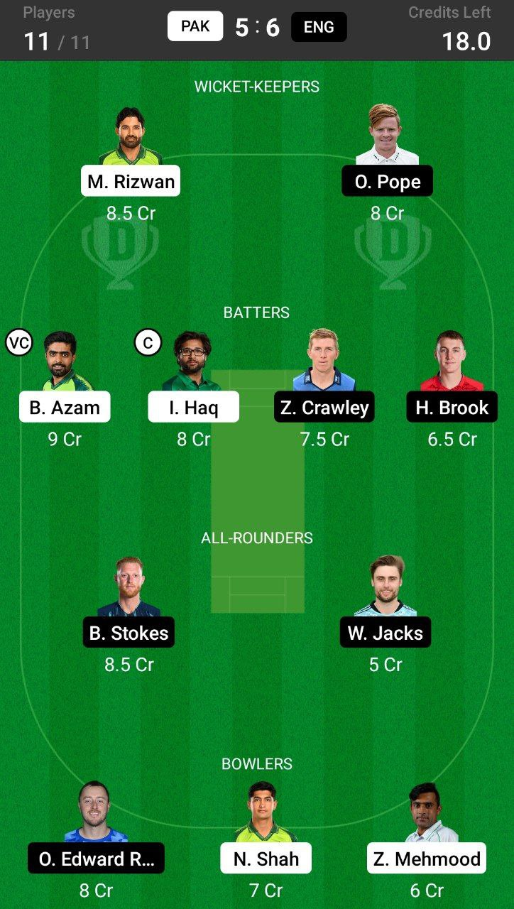 Grand League Dream11 Team Prediction PAK vs ENG