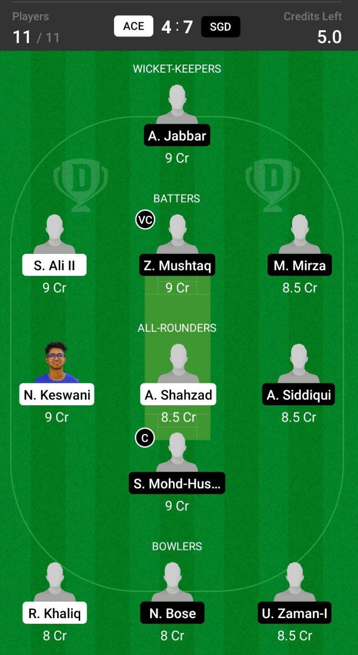 Head-to-Head Dream11 Team Prediction ACE vs SGD 