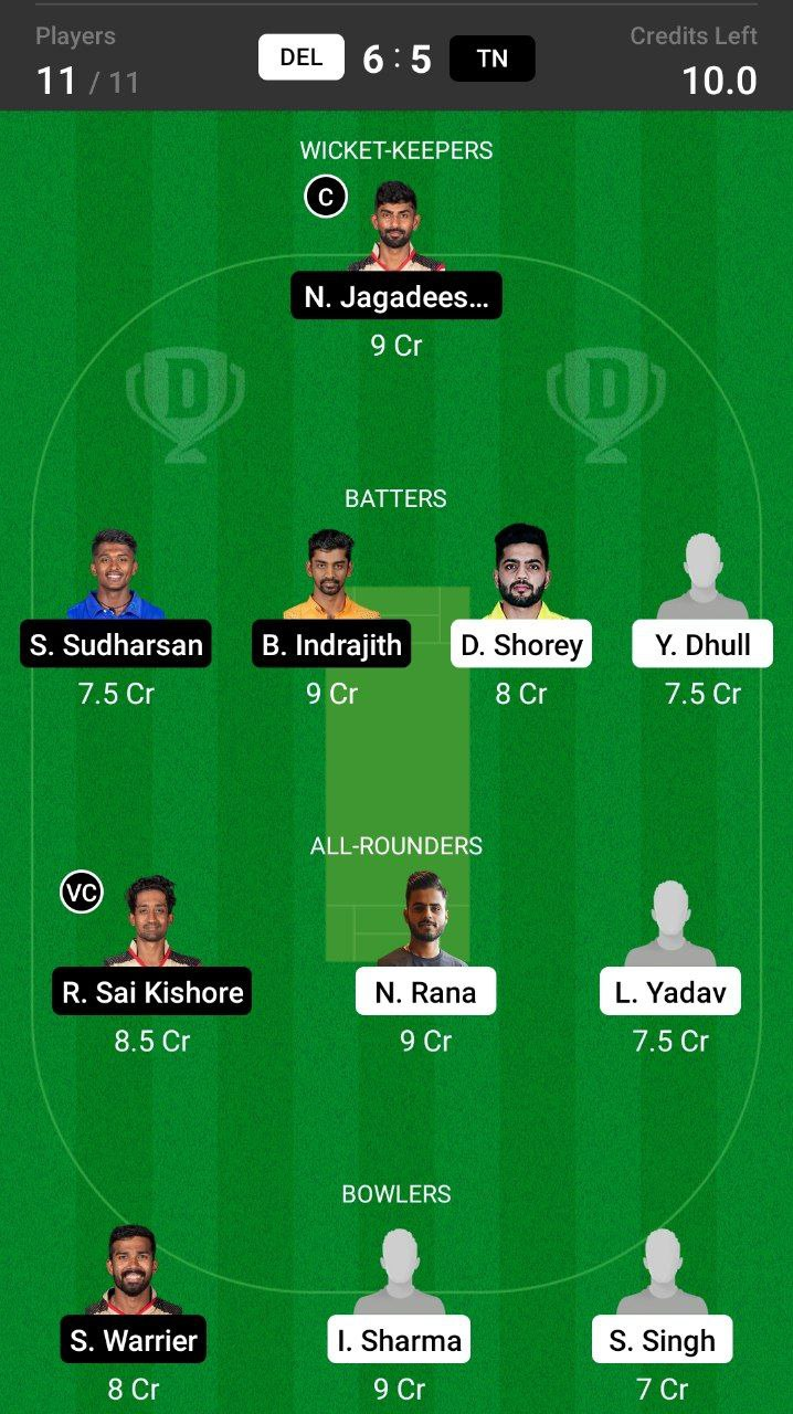 Head-to-Head Dream11 Team Prediction DEL vs TN